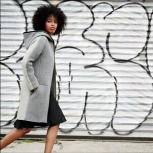 J. Crew Stadium Cloth Dark Gray Wool Blend Hooded Leather Trimmed Coat